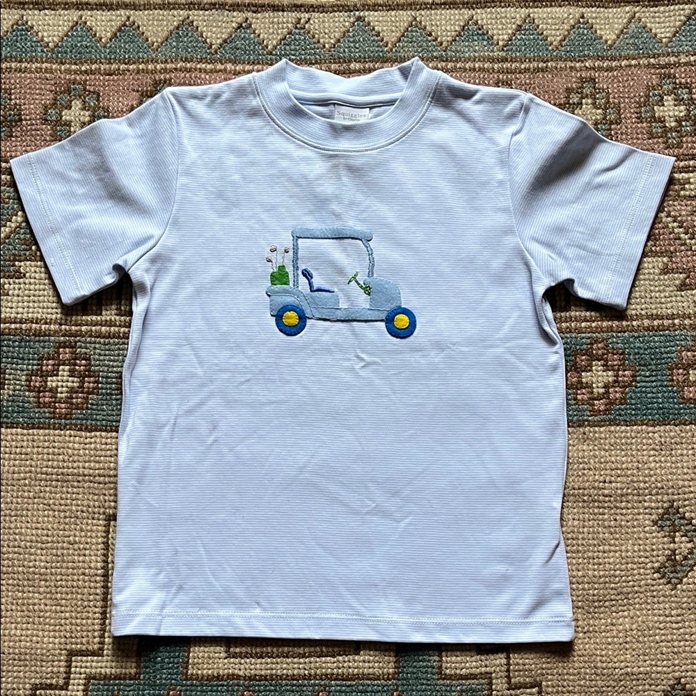 Squiggles Blue Stripe Golf Cart Appliqué Shirt - 6x/7